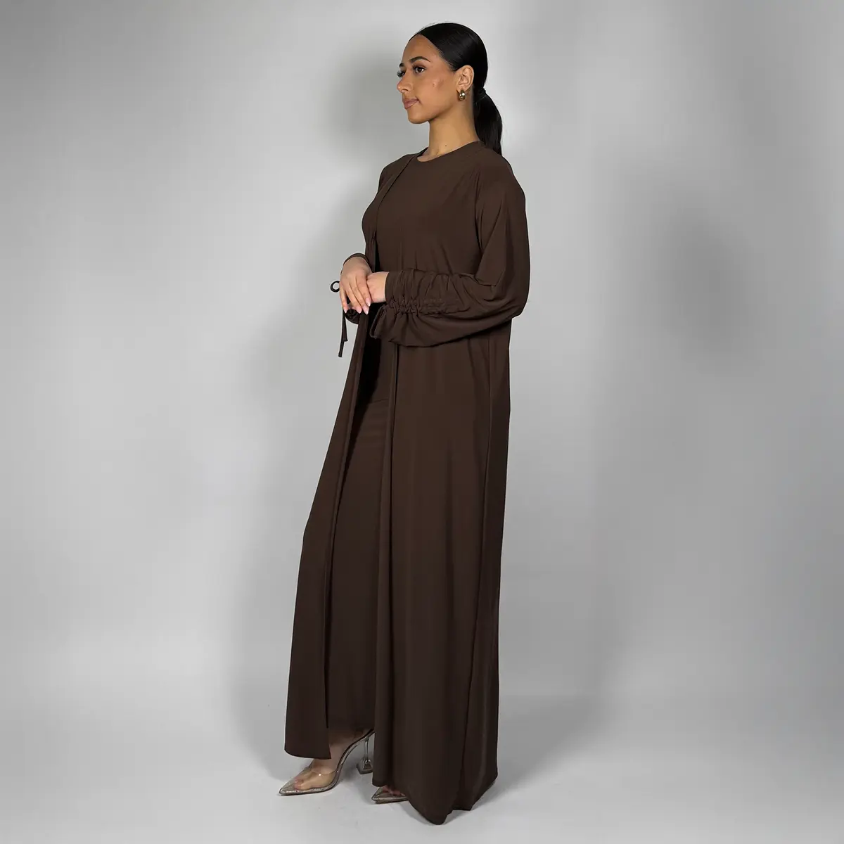 kafti Elegant Modest Brown Ramadan Abaya With Matching Slip Dress - Tie-Sleeve Open Abaya Set Womenswear