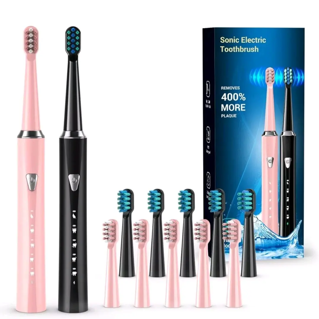 Electric Toothbrush Sonic Rechargeable 5 Modes Kids Adults Brush 8 Heads USB Waterproof Antibacterial Handle Oral,Pack of two.