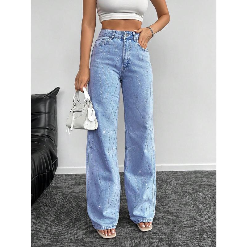 Product Introduction of ​Women's BottomsWomen's Loose Wide Leg Jeans With Rhinestone Decor【S30】 Womenswear Bottom Trouser Pants Streetwear Denim Comfort Wideleg Pocket Basic Blue Minimalist whale  tail  baggy  jeans 21
