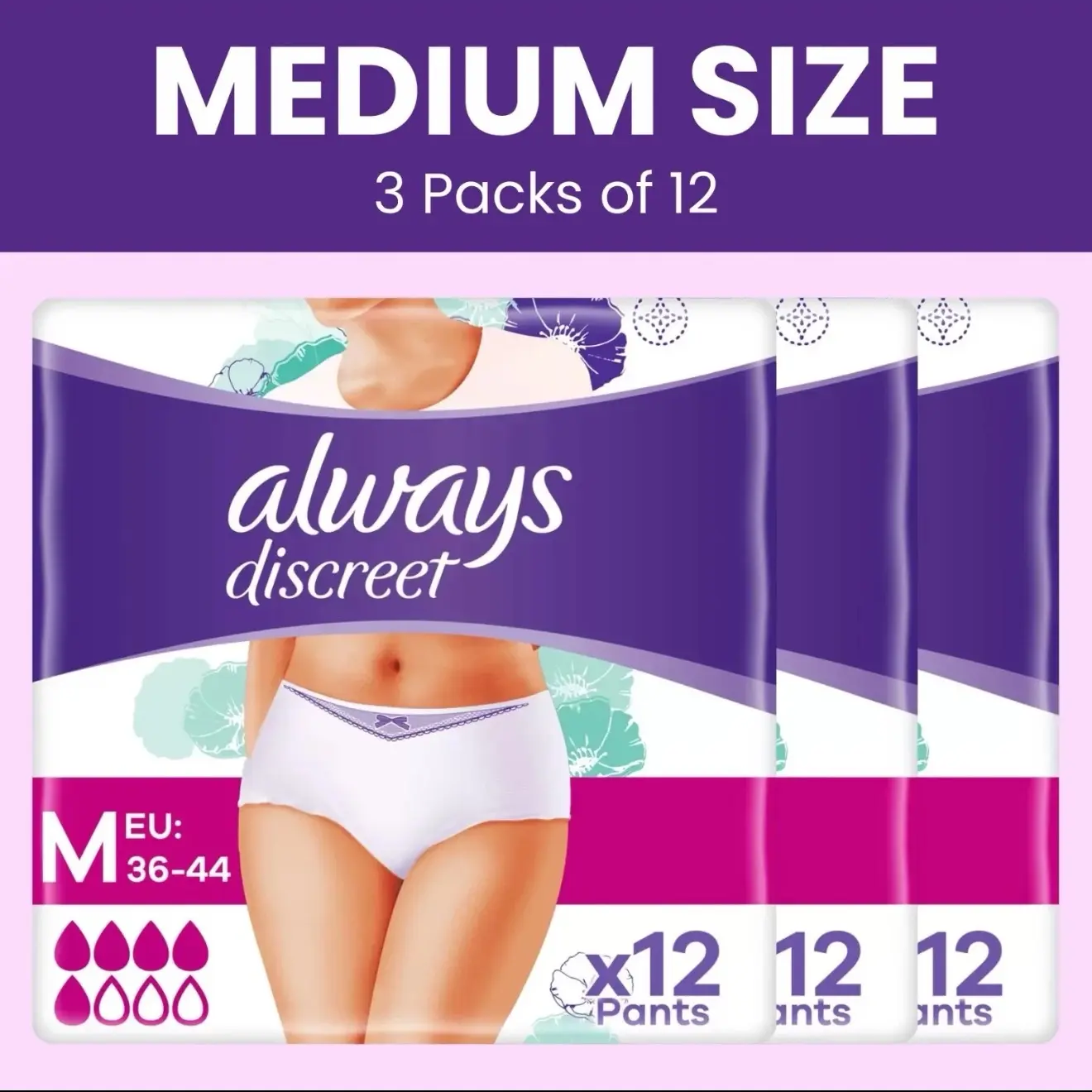 Always Discreet Medium Pants, 3 x 12 Pack (36 Pants) Sensitive Bladder Multipack, Bulk, Incontinence Pants , Pull up, Leak guard, Odour Lock, Smooth, Comfort