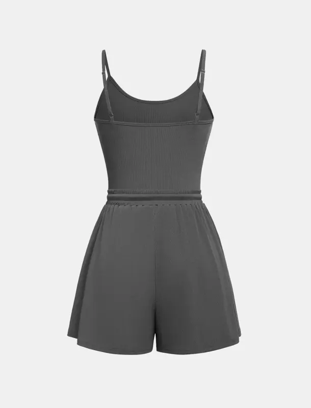 Women Abjustable Strap Cami Bodysuit & Drawstring Wide Leg Shorts Set, Casual Round Neck Sphaghetti Strap Bodysuit &Elastik Shorts Set, Back to School Womens Wear for Summer, Travel 4