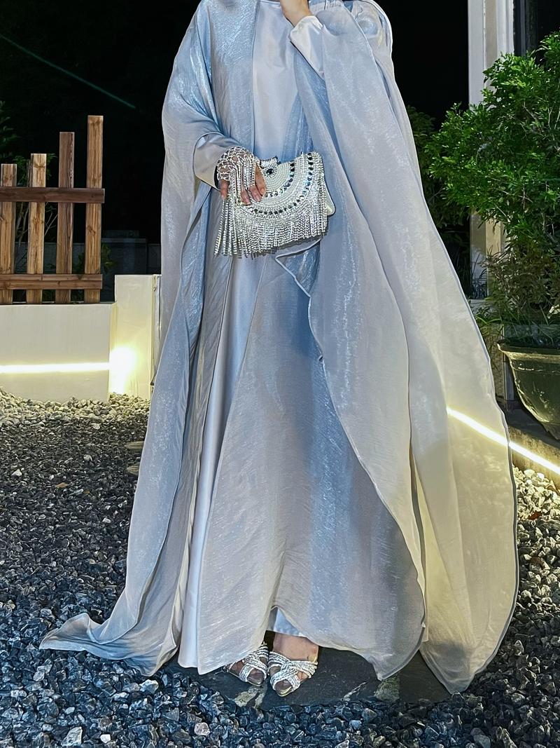 Product Introduction of #LY06  Ramadan Promotion Three-piece Elegant butterfly organza abaya set, shimmer abaya set with inner dress and hijab 17