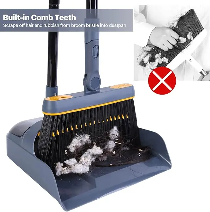 Dustpan and Brush Set Long Handled, Tall 180 Degree Rotating Sweeping Brush, Household Dust Pan with Comb Teeth for Indoor Outdoor Garden Home Room Kitchen Office Lobby 5