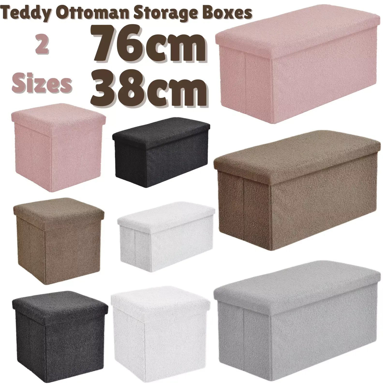 76cm / 38cm Teddy Folding Ottoman Storage Box Pouffe Seat Stool Foot Bench 2 Sizes - Single Seater / 2 Seater
