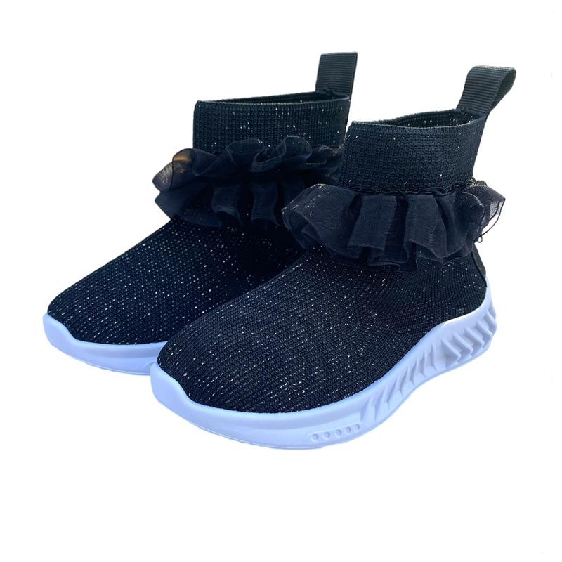 Junior Girls Black Ruffle Shimmer Sock Hard Sole Trainers - Size 11 To 2 1