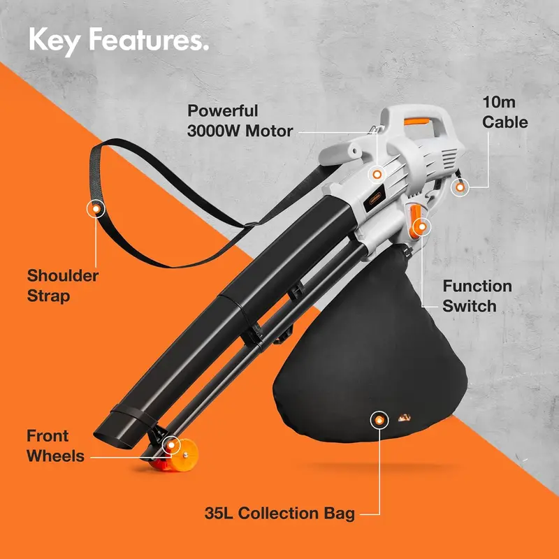 Leaf Blower and Vacuum 3000W – Corded Leaves Collector, Clear Gardens, Patios, Gutters, Driveways & More – Lightweight, 10m Cable, Shoulder Strap, Wheels, 35L Collection Bag – 3 Year Warranty.Plus A Complimentary Gift 5