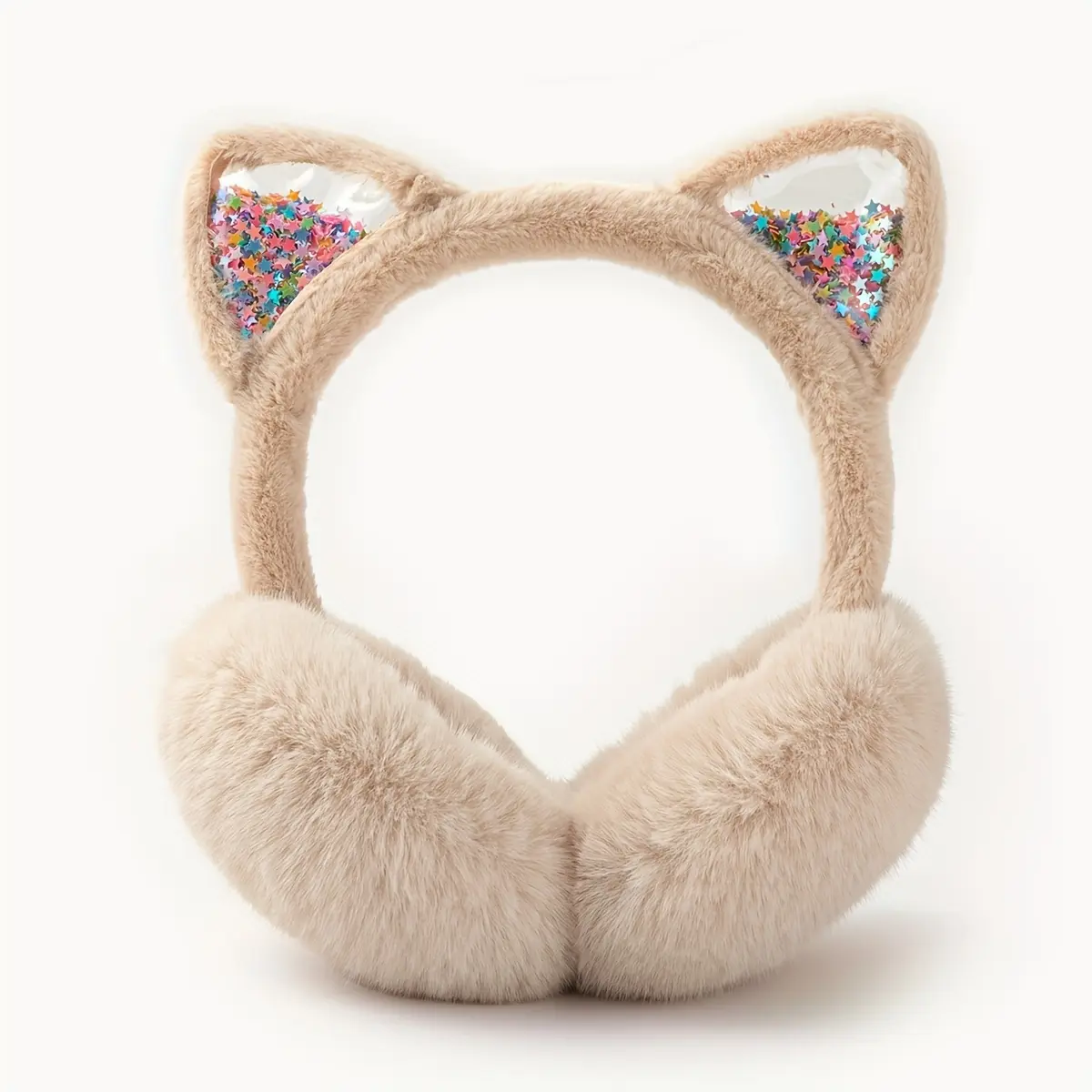 Cute Cat Ear Earmuffs for Women - Foldable Winter Ear Warmers, Sparkle Sequin Design, Solid Color, Polyester, Suitable for Ages 15+