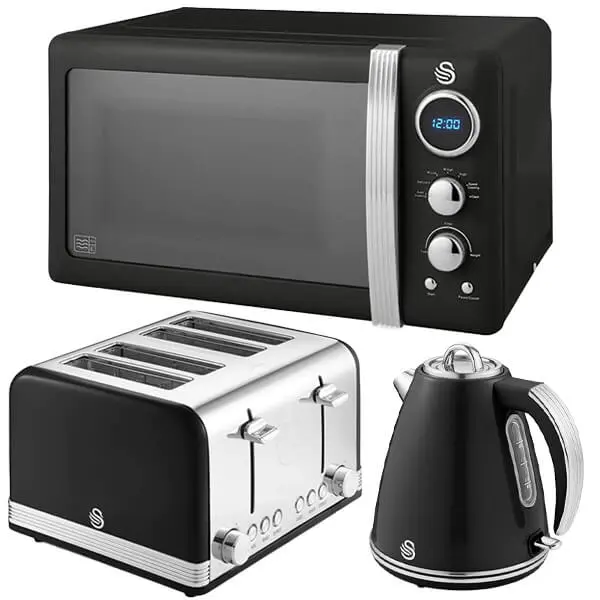Swan Retro Black 1.5L Kettle, 4 Slice Toaster & 20L Digital Microwave Set 0