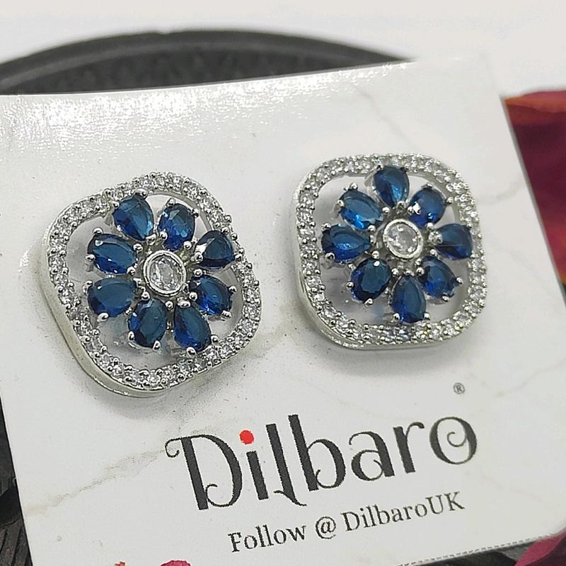 Dilbaro Silver Plated Zircon Stud Earrings AD Earrings AD Studs Premium Jewellery Green and Blue stone Ethnic Jewellery 4