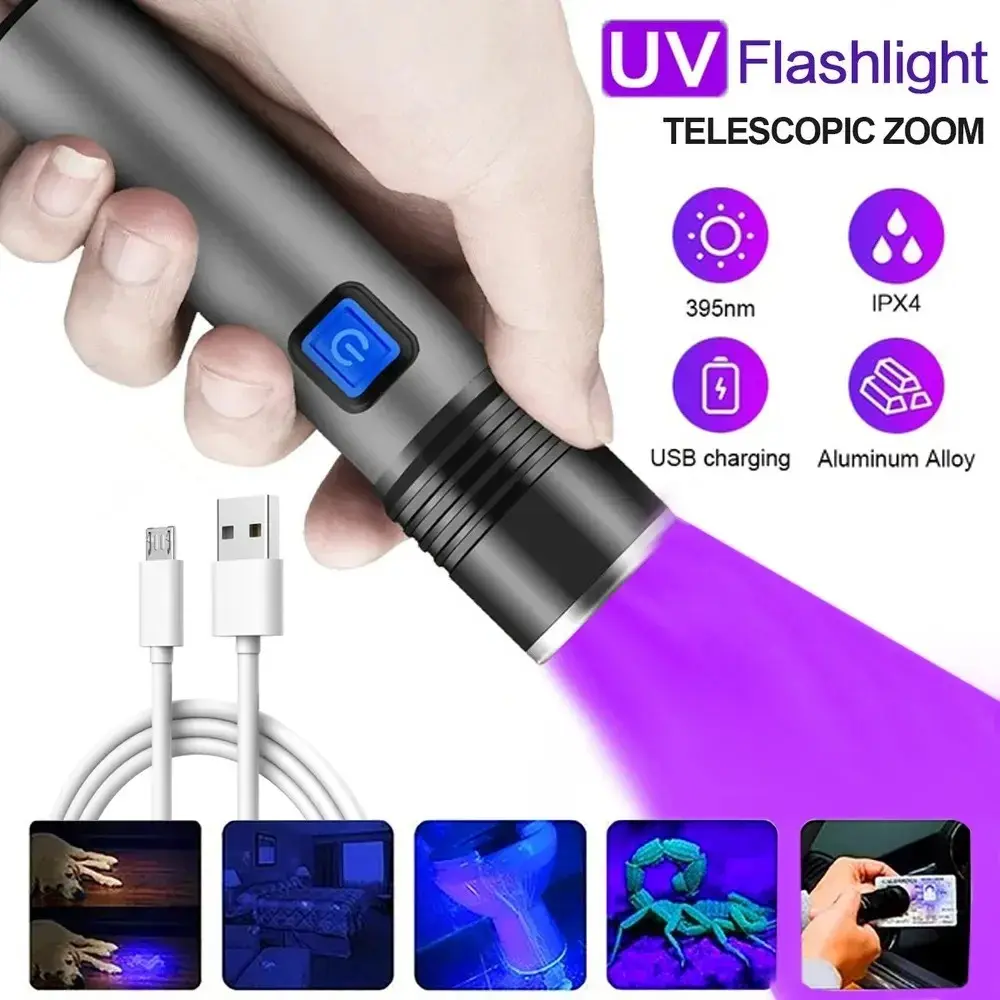 For Pet Urine Detector 395nm UV Flashlight Blacklight Zoomable USB Rechargeable UV Light Ultraviolet Flashlight