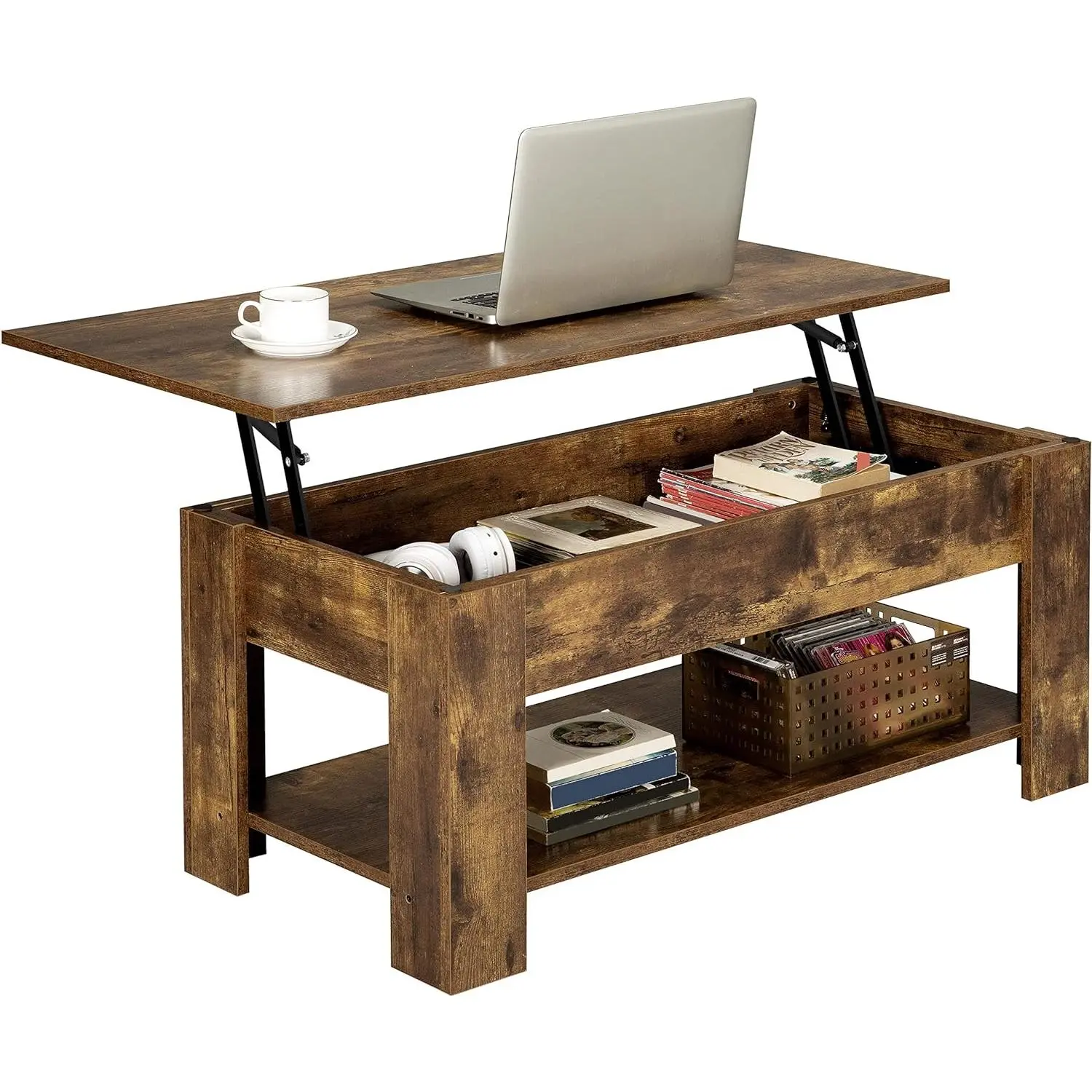Lift Top Coffee Table, Wood Lifting Table Tea with Storage Shelf for Living Room, Rustic Brown, 98x50x(42-56) cm