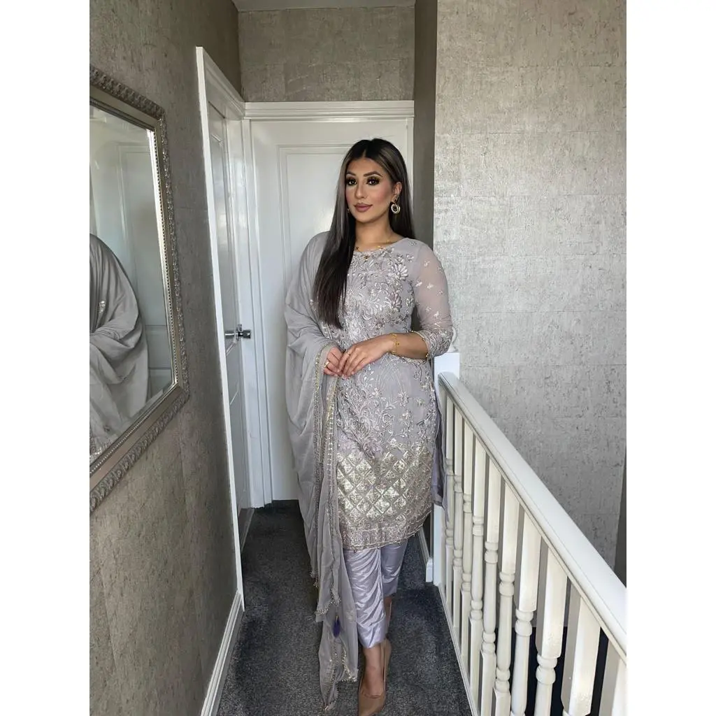 3PC GREY Embroidered Shalwar Kameez with CHIFFON duppatta fully stitched 3 piece suit F-5245C