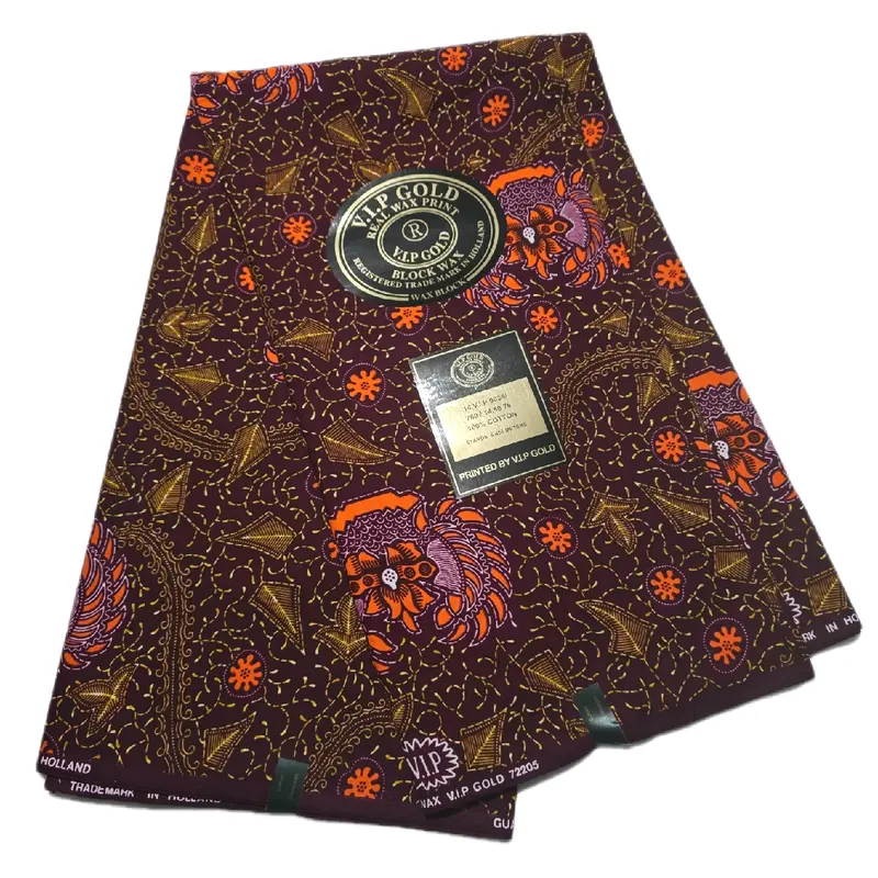 %100 Cotton VIP Gold  Wax Print Material, 6 yards or 5.4  x 1.2m.  This fabrics Suitable for making dress, bubu, skirts etc for all occassions. 0