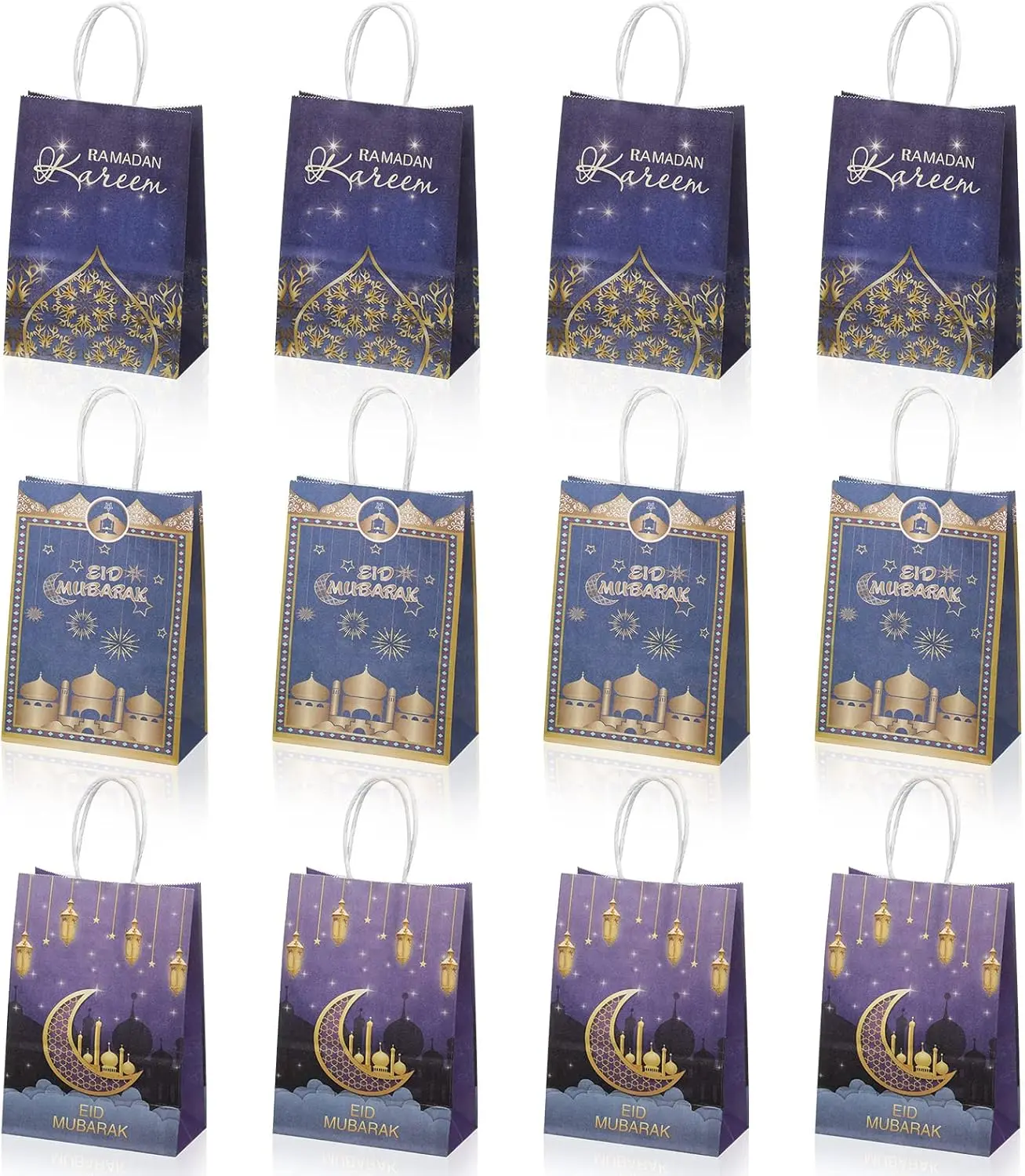 12 Pcs Eid Mubarak Paper Bags Ramadan Gift Bag with Handle Multi Functional Muslim Eid Mubarak Party Favor Bag Assorted Islamic Candy Treat Bags for Party Decorations(Classic)