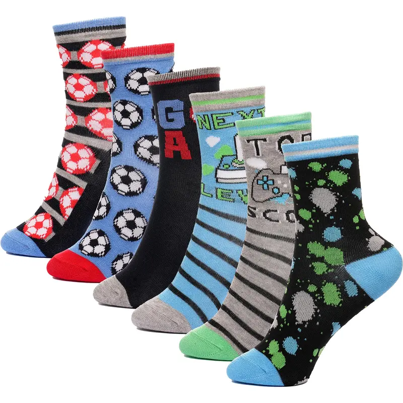 A2Z 4 Kids Boys 6 Pack Football Design Striped Crew Socks Premium Athletic Socks Football Game Themed Socks Durable Comfortable Young Athletes Shoe Size 2-3 (6-8.5), 3-6 (9-12), 7-10 (12.5-3.5) 0