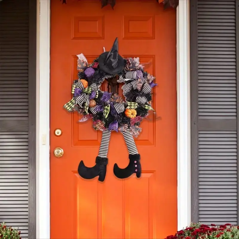 Spooky Halloween Wreath with Creepy Legs Pendant - Artificial Plants Door Decoration Garland for a Haunted Look 0