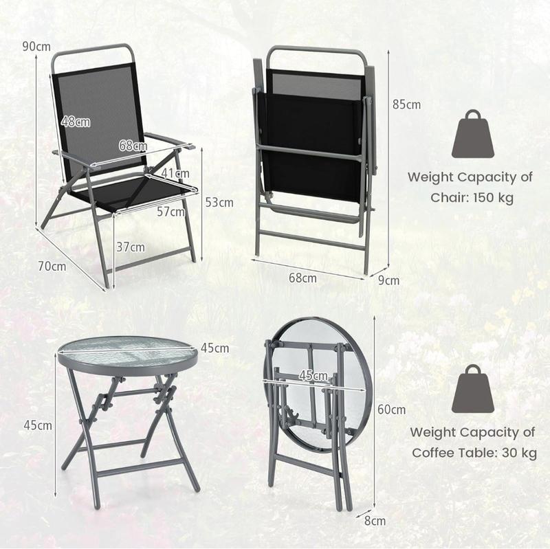 Product Introduction of 3PCS Patio Bistro Set, Garden Folding Chairs and Table Set with Ripple-like Glass Tabletop, Metal Frame Outdoor Dining Furniture Conversation Set for Balcony, Deck, Yard, Poolside 10