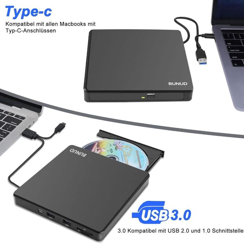 CD DVD Drive, USB 3.0 & Type-C CD/DVD +/-RW ROM Burner Writer Rewriter with SD/TF & USB Ports, Optical Disc Drive DVD Player for Laptop PC Winodws 11/10 Mac MacBook Pro Air Apple iMac 4