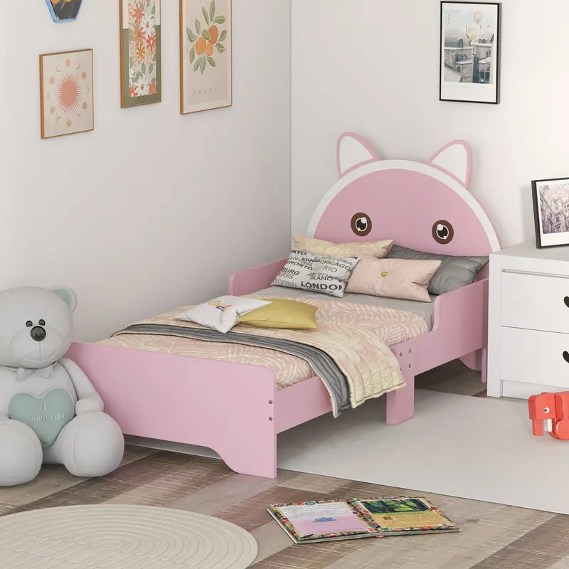 ZONEKIZ Toddler Bed Frame, Kids Bed Cat Design Princess Bed Bedroom Furniture with Guardrails, for 3-6 Years Old, 143L x 74W x 72Hcm - Pink 1