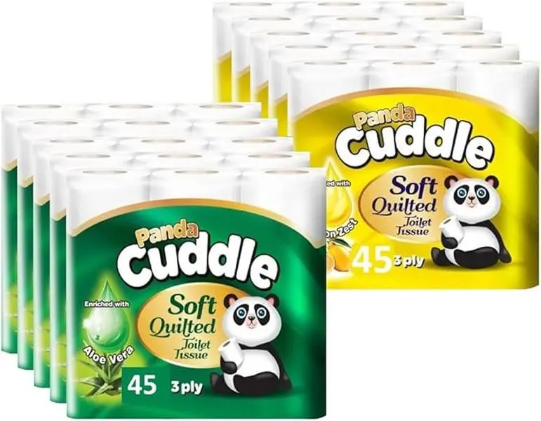 Panda Cuddle Soft 90 Rolls Mega Pack Scented Quilted Toilet Rolls, Super Quality 3 Ply Toilet Tissue Enriched with Aloe Vera and Lemon Fragrance, Provide Ultimate Quilted Comfort - 45 Rolls Aloe Vera - 45 Rolls Lemon Sheet Wipes deodorant kitchen