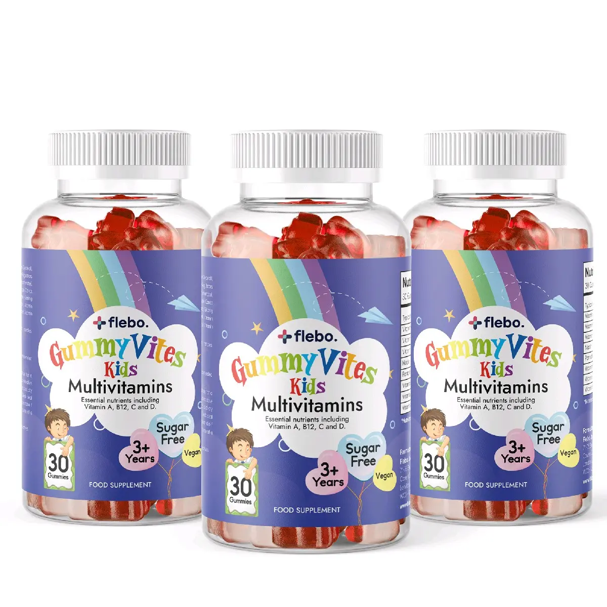 Healthy Kids Wellness Bundle: Dr Formulated Flebo GummyVites Kids Multivitamin Gummies - Strawberry Flavour, Sugar-Free, Halal, GMO-Free, 30 Gummies/Bottle (x3 Bottles)