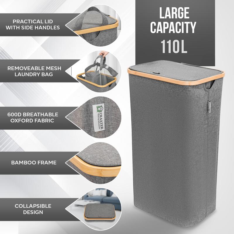 CRAXTER Large Laundry Basket with Lid – 110L Washing Basket for Laundry with Bamboo Handles and Removable Laundry Bag, Foldable Laundry Hamper for Dirty Clothes Slim Laundry Bin Storage Basket (Grey) Organiser 1