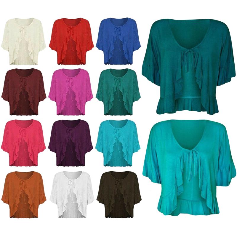 Womens V Neck Open Front Top Frill Tie Front Bolero Cardigan Ladies Evening Party Plus Size Top 1