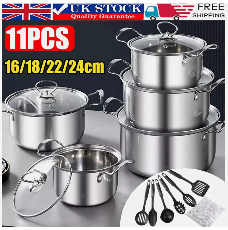 11PCS Induction Non Stick Stainless Steel Cookware Cooking Pot Pan With Lids Set