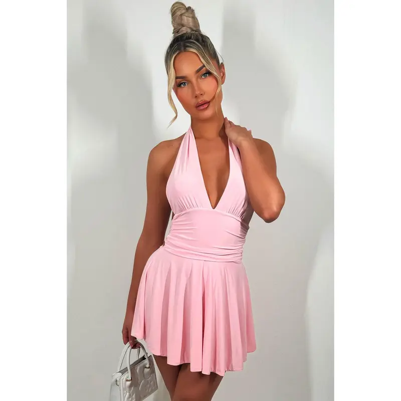 Halter Neck Dress With Open Back Pink 3