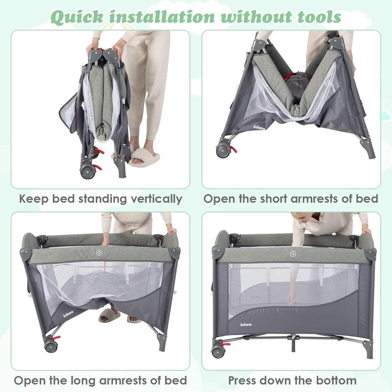 COSTWAY 5 in 1 Travel Cot, Foldable Baby Bedside Sleeper with Diaper Changer, Mattress, Carry Bag, Music Box and Hanging Toys, Portable Playard for Newborn Toddlers 3