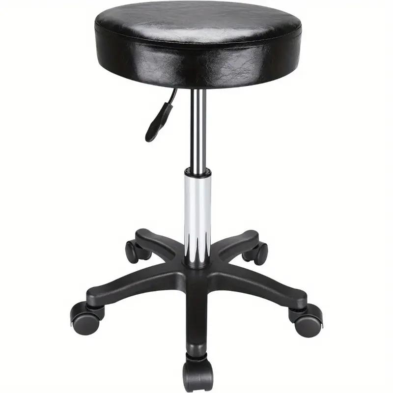 Round Rolling Stool Chair PU Leather Adjustable Swivel Stool 360° Rotatable Hydraulic SPA Salon Tattoo Work Office Chair Modern Industrial Metal Style Work Massage Stools on Wheels (Black) 2