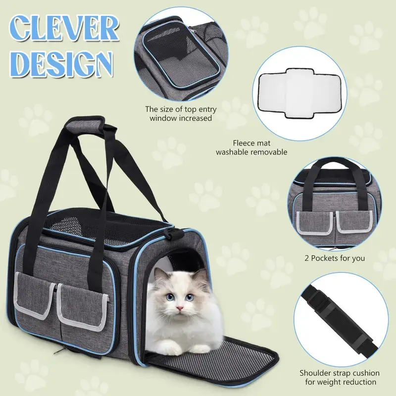 Pet backpack, detachable pad and breathable mesh, foldable and 3-sided stretchable cat strap bag, suitable for cats, puppies, or small animals, with shoulder straps
