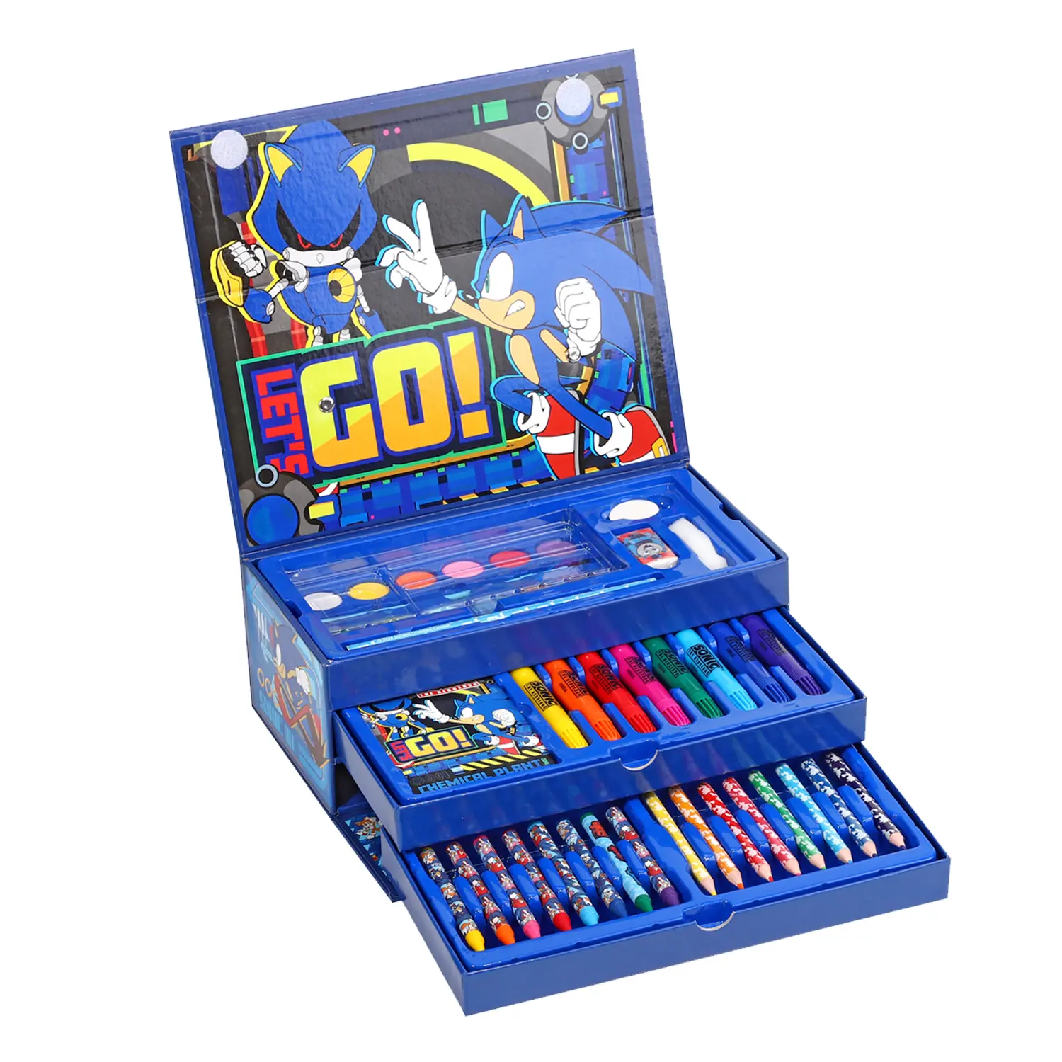 Sonic The Hedgehog Colouring Tool Box 52 Pieces Case Art Craft Set Stationery Boys Blue