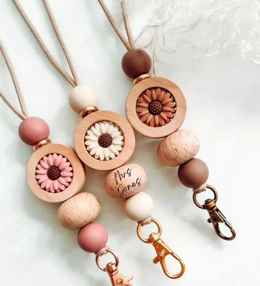 Teacher Floral Lanyard with Wooden Circle daisy.