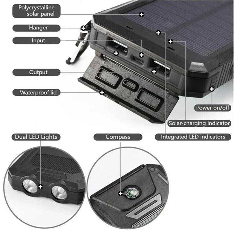 Waterproof 20000mAh Solar Power Bank LED USB Battery Charger iPhone Mobile Phone Smartphone 5