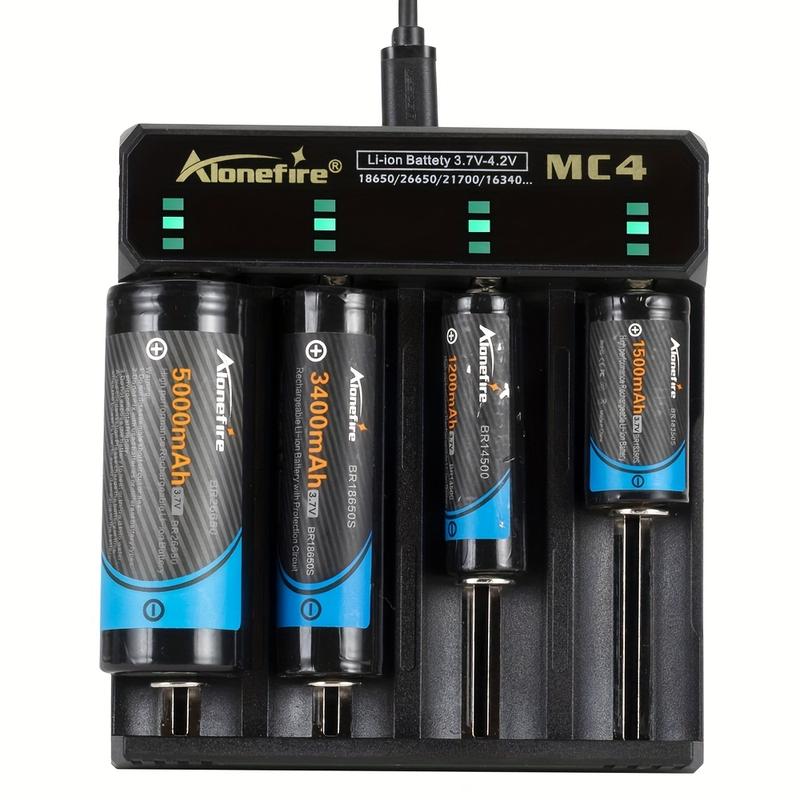 Alonefire MC4 Compact 4-Channel USB Quick Charger, 5V 2A - Matte Black, Automatic Stop for Li-ion Batteries (26650/16340/14500/21700/18650/10440) - Perfect for Flashlights, Headlamps, E-cigs with Type-C & Micro-USB Compatibility 3