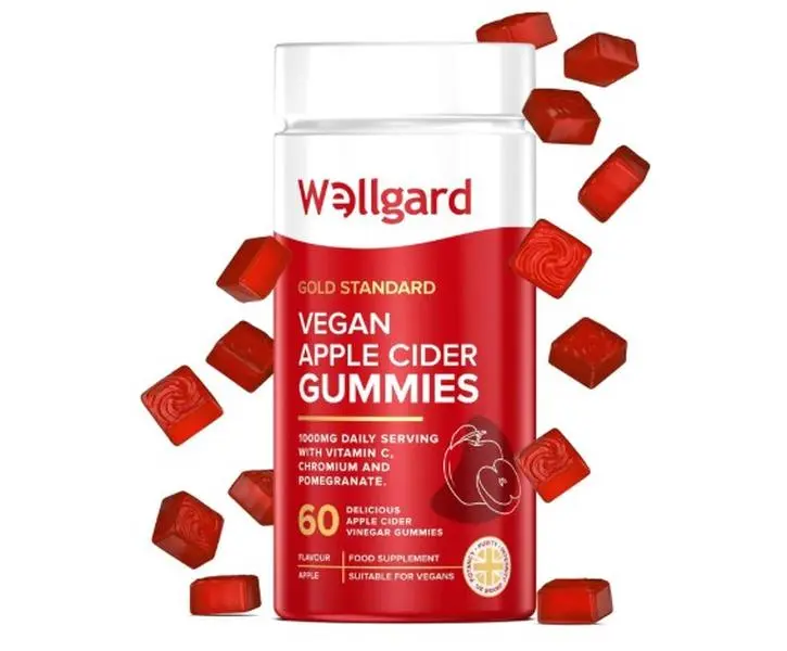 Wellgard Vegan Apple Cider Vinegar Gummies, Gold Standard 1000mg ACV Gummies with Vitamin C, Chromium and Pomegranate, Non-GMO, Gluten-Free & Gelatine-Free