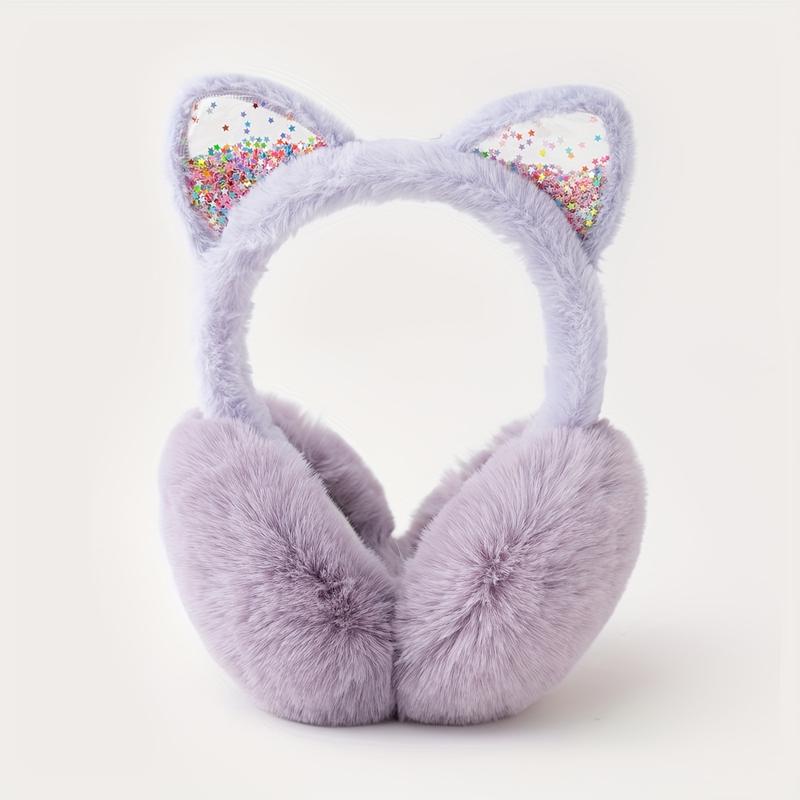 Cute Cat Ear Earmuffs for Women - Foldable Winter Ear Warmers, Sparkle Sequin Design, Solid Color, Polyester, Suitable for Ages 15+ 9