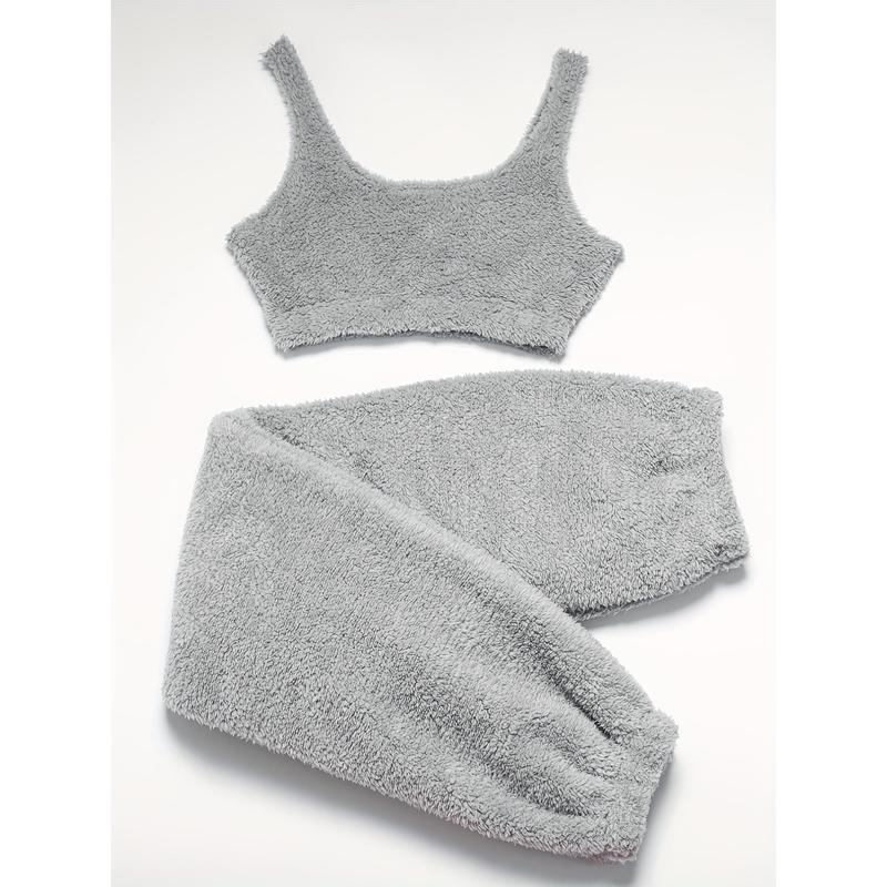 Solid Fuzzy Lounge Set, Warm Tank Crop Top & Elastic Waistband Pants, Women's Loungewear & Sleepwear 8
