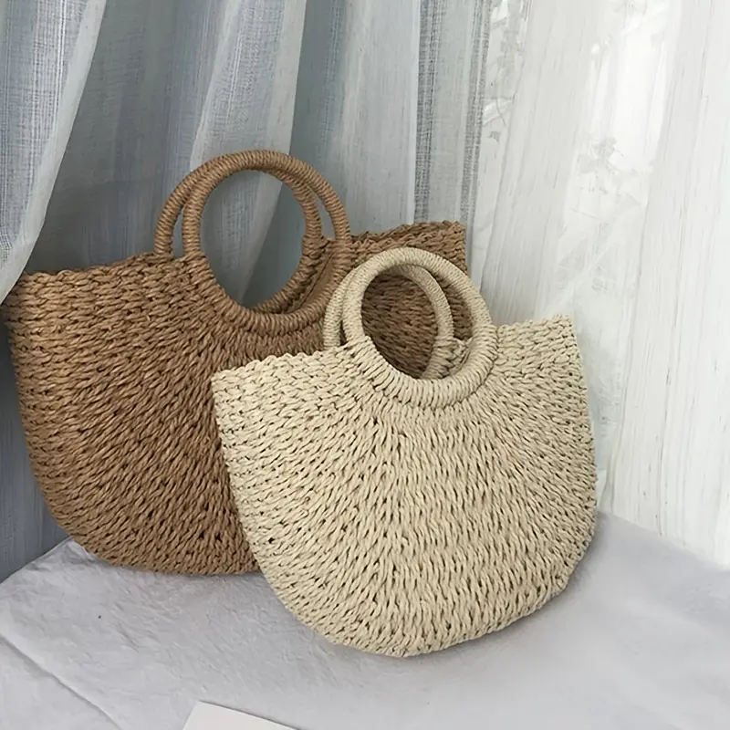 Minimalist Solid Color Straw Summer Vacation Satchel Bag, All-Match Travel Storage Handbag For Outdoor