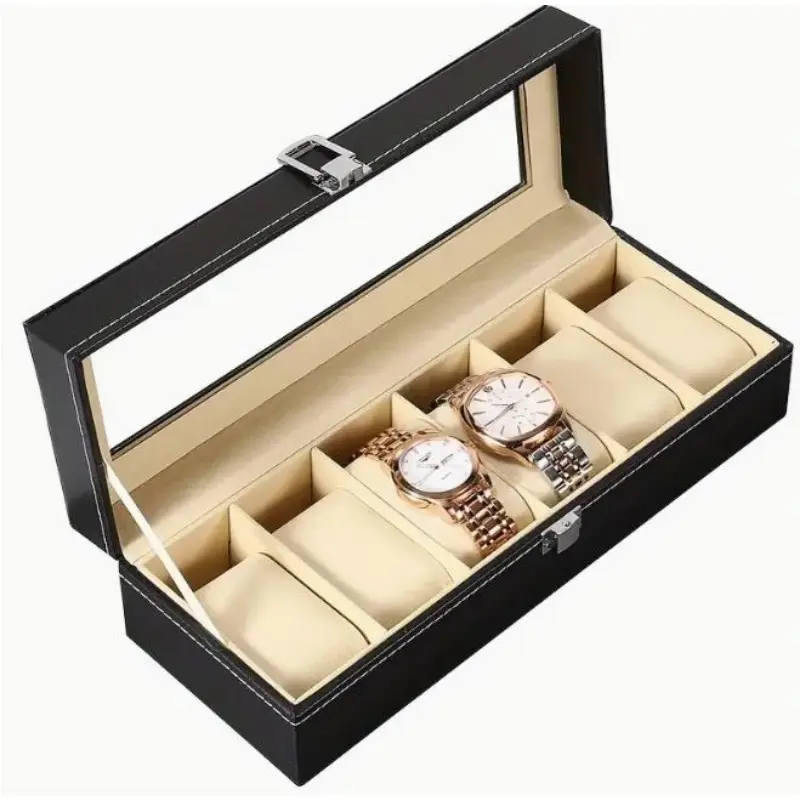 Luxury 6-Slot Watch Box Organizer with Glass Top, Premium Black PU Leather Exterior, Soft Velvet Interior, Square Watch Display Case with Flip-Top Lid for Storage and Showcase Multicolor 2
