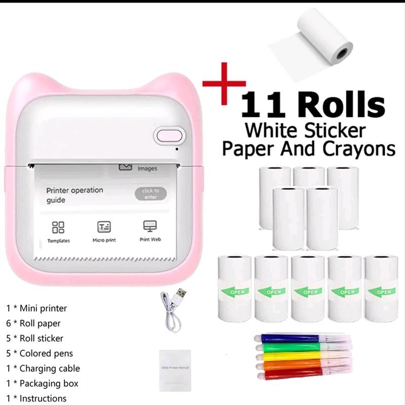 Portable Wireless Thermal printer, 1 Set Rechargeable Instant Photo Printer Peper, Mini Bluetooth Printer for home & Office, Pocket Printer, Wireless Mini Stiker Printer with 10 Rolls Thermal Paper, Portable for Notes Journal Photo Printing. 6