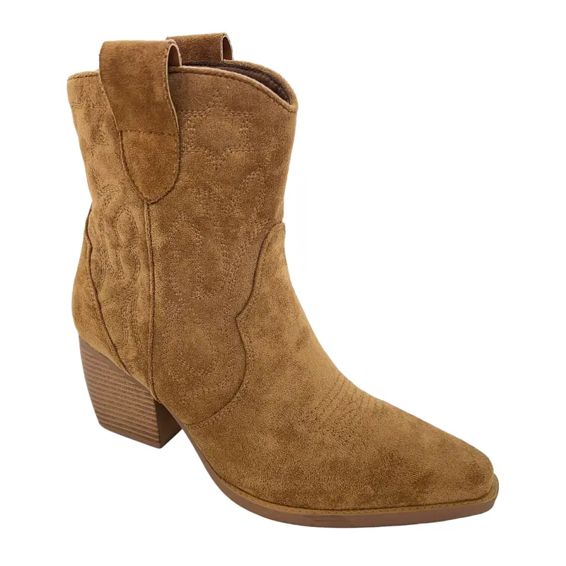 SAINT VINNA Women Faux Suede Zip Up  Embroidered Low Heel Mid Calf Cowboy Boots Girls Comfortable Footwear Classic Stylish 5