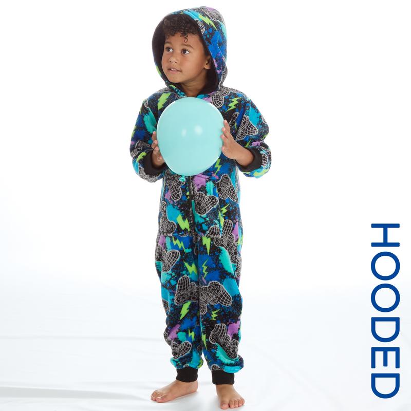 Kids Boys Gaming Onesie Gamer All in One Jumpsuit Plush Fleece Childs Boy Hooded Game Themed One Piece Pyjamas Cuffed Long SleeveWarm Cosy Zip Up Navy All Over Printed 3 4 5 6 Years 2