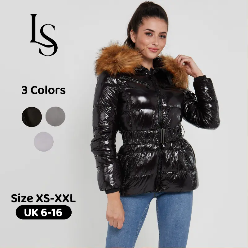 Love Sunshine Shiny Belted Puffer Coat with Faux Fur hood Fitted Pocket Jacket Women Womenswear Outerwear 0