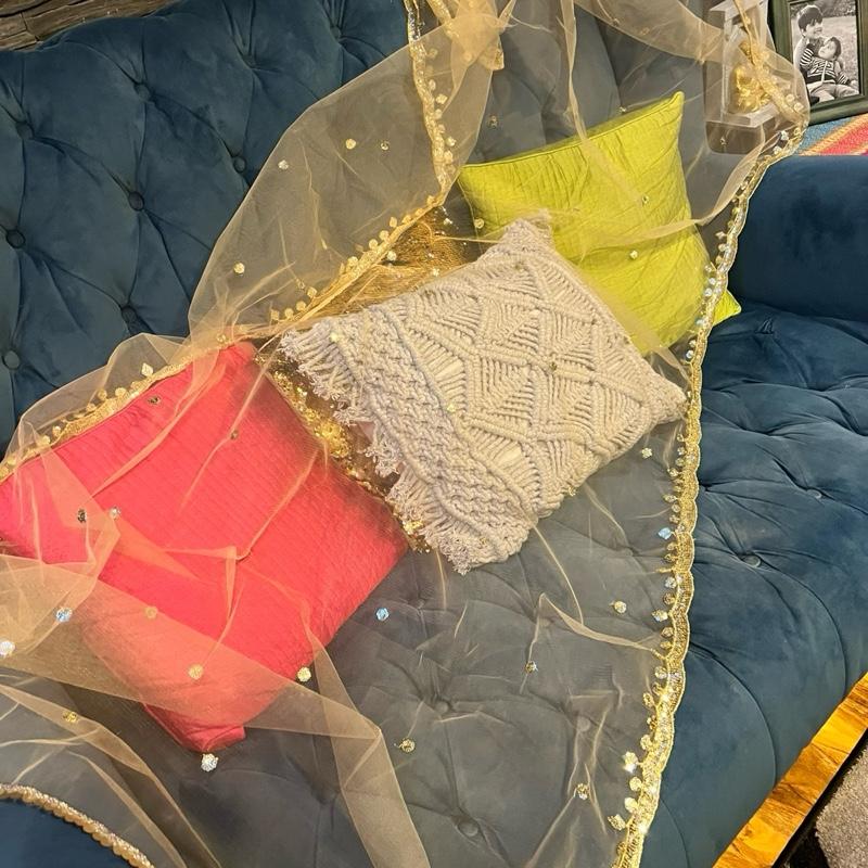 Women Beigish Gold  Net Dupatta with Gota Work. wallima Net hijab. Bridal scraf. Gift for her USA UK Canada 7