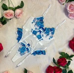 Liliosa Lingerie CHERUB High Quality Mesh Sheer Elegant Blue and White Multicolor Floral Embroidery 2 Piece Corset Lingerie Set (Blue Clasp Corset + Thong Bottoms) Chic Everyday Breathable Cooling Fabric, Summer Bridal Lingerie, Comfortable Womenswear