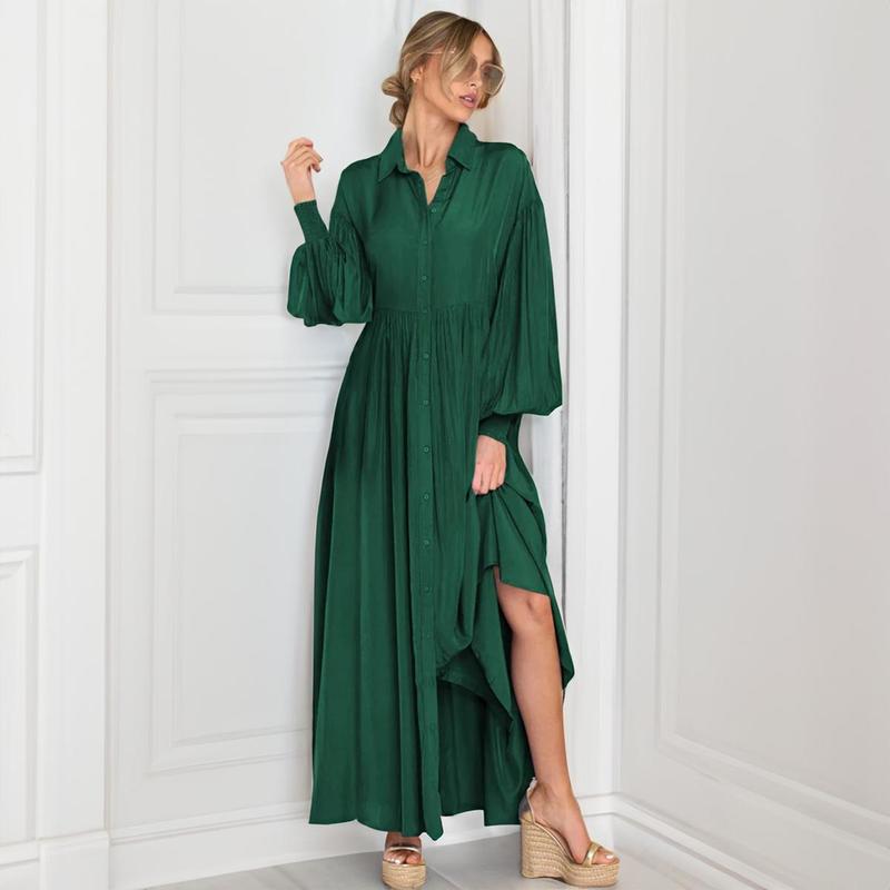 Women's Trendy Plain Lapel Balloon Sleeve Button Up Pleated Maxi Dress,Spring & Summer Dresses for Women,Solid Color Maxi Dresses for Women,Lady Loose Dress for Daily Holiday Wear,Birthday Outfits for Women,Comfortable Womenswear 0