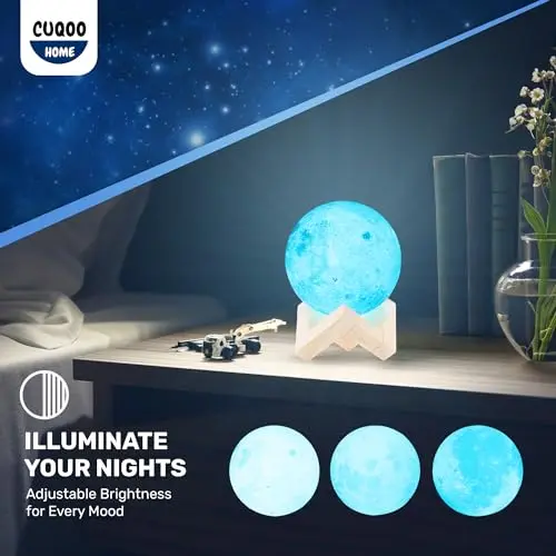 CUQOO 3D Moon Shaped Night Light with Elegant Wooden Stand Realistic White Light with Touch Control & USB Charging Rechargeable 3D Printed Bedside Beautiful Full Moon Table Lamp Universal Decorative Night Light for Bedroom Living Room, Indoor Lighting 7