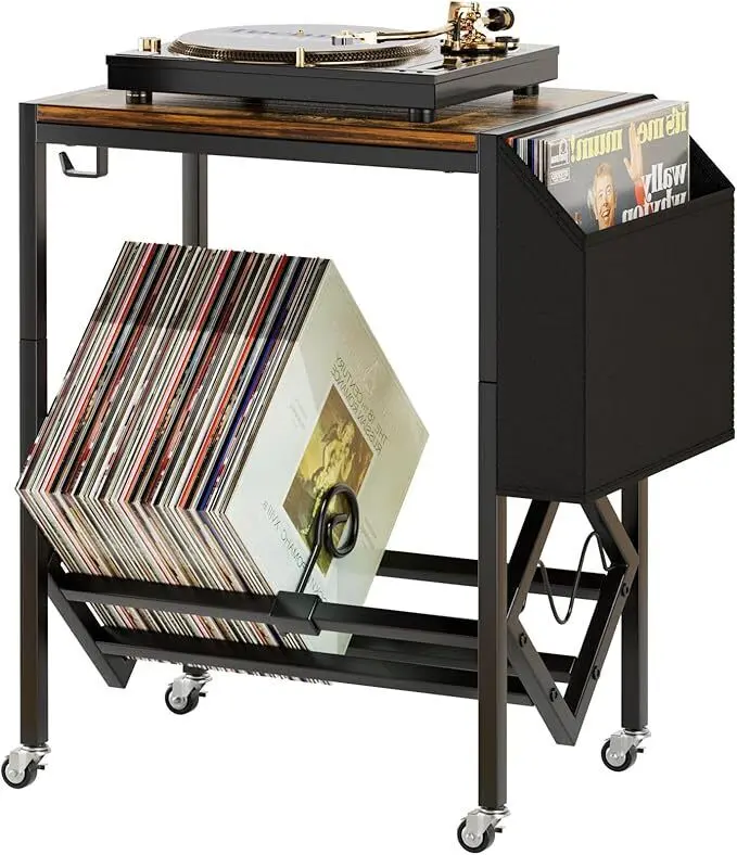 Record Player Table  Hold 80 Albums Turntable Stand with  Pocket and Wheels 1